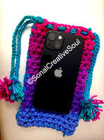 Crochet Handwoven Magenta Blue Pink Smartphone cover with drawstring bag
