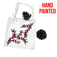 Red Branch Green Leaves Hand Painted Cotton Canvas Tote Bag | SonalCreativeSoul.