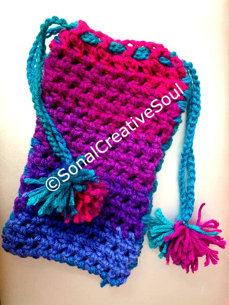 Crochet Handwoven Magenta Blue Pink Smartphone cover with drawstring bag